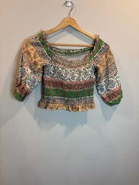 Zara Linen Blend Printed Smocked Off-Shoulder Crop Top
